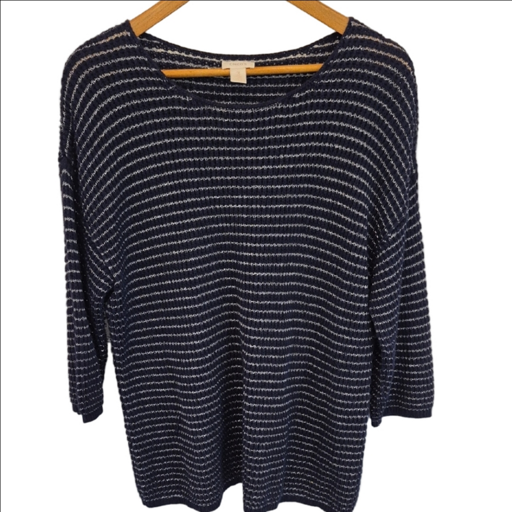 Chico's Navy & Silver Metallic Striped Crewneck Sweater Lightweight